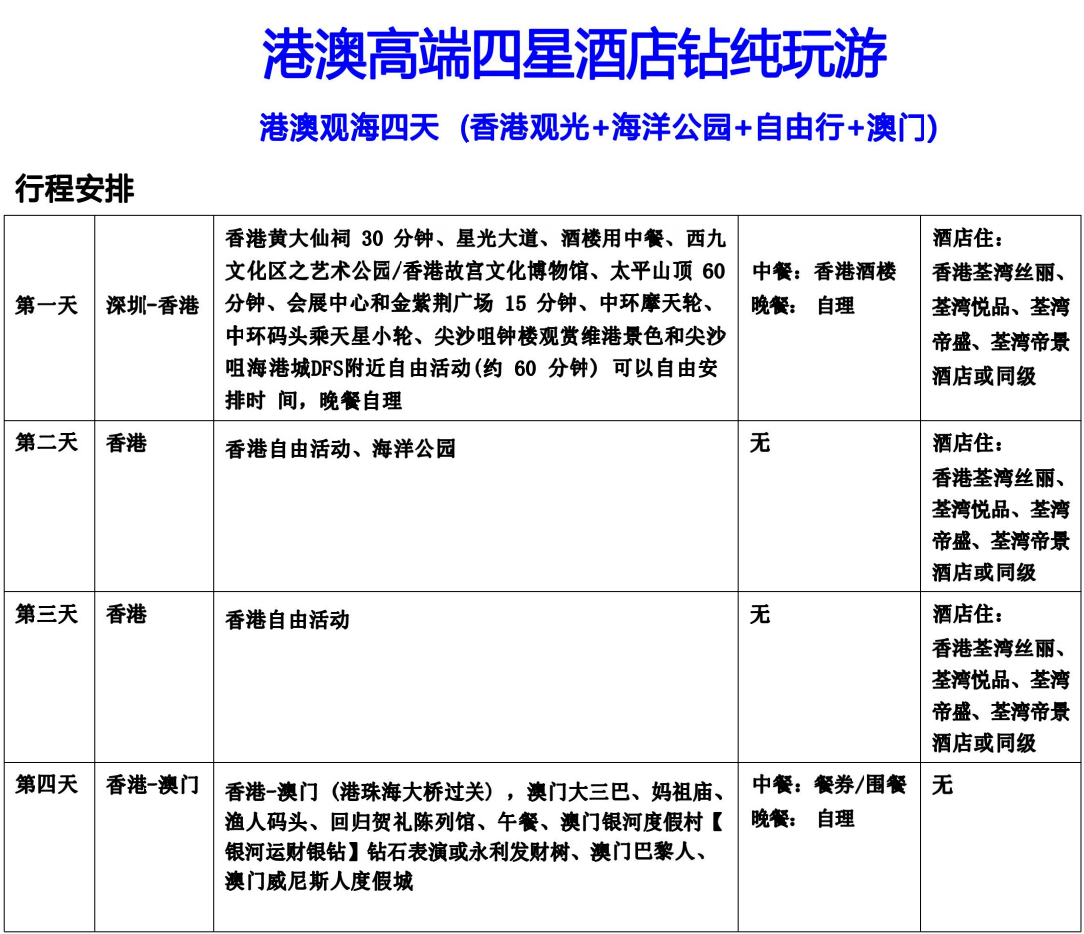 HM09港澳高端四星酒店钻纯玩观海自四天游(香港观光+海洋公园+自由行+澳门）(图2)